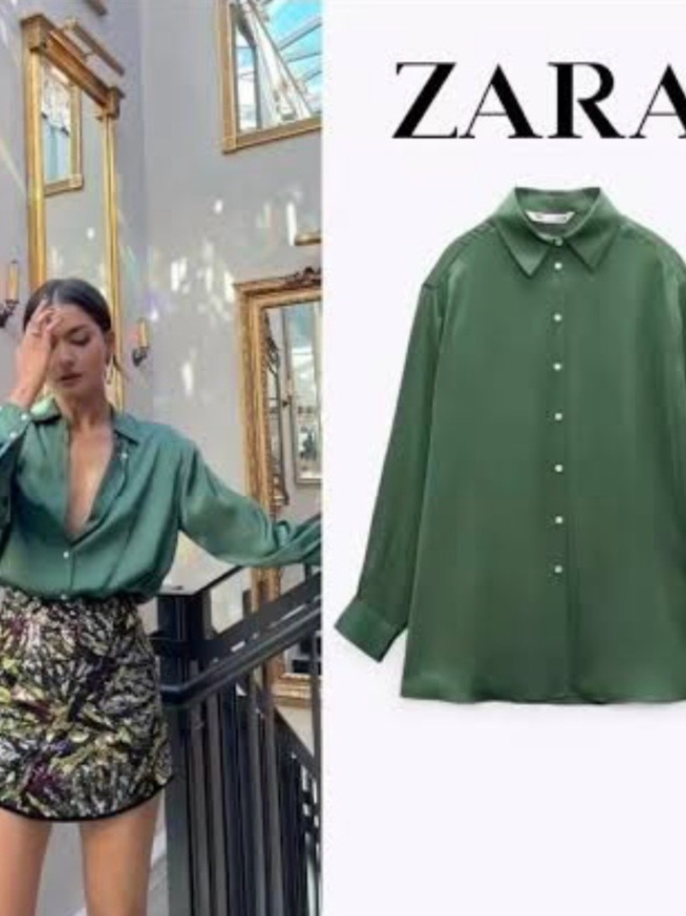 ZARA Emerald Green Satin oversized Button-Down Shirt